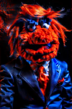 a Film Photograph of a realistic angry orange Donald Trump Muppet made of felt and fur wearing a dark blue suit and red tie, lips made of foam