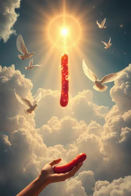 den heliga "bången" (long glowing meat sausage) i himlen, guds röst ekar, flygande duvor sjunger, keruber dansar
