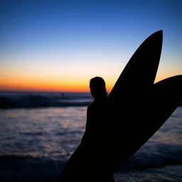 Silhouette of a female surfer holding a surfboard looking out at the ocean at twilight, dramatic stunning