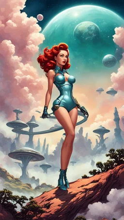 slim Sci-fi pin-up girl on an alien planet of cloud trees