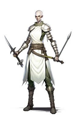 full length, tall 22-year old, shaved head, grey-eyed female cleric with wearing scale mail with a sickle