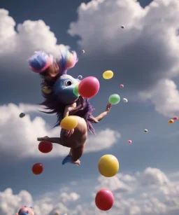 Ultra realistic speed clouds sky scene, wide angle view, child falling down with many Children background, inflatable monsters, circus dress style, feather color, free jumping flying, many trinkets, hair monster, many jelly beans, balls, color smoke, smile, happy, extreme, wind, clouds sea, 20,000 feet altitude, stratosphere, soft color, highly detailed, unreal engine 5, ray tracing, RTX, lumen lighting, ultra detail, volumetric lighting, 3d, finely drawn, high definition.