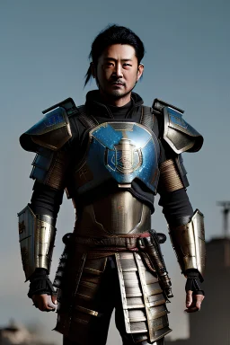 Fully armored cyberpunk samurai, photorealistic