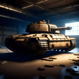 the tank stands at a slight angle, its near track is torn and bulges in front of the tank, the background is light