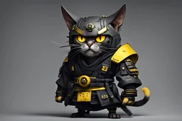 turnaround techwear samurai cat with a evil face and big yellow eyes