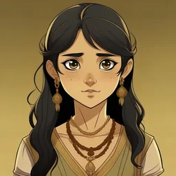 Teenage indian girl, olive skin, black hair, brown eyes, anime style, front facing, looking into camera, princess dress