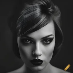 avant-garde photo portrait of a woman with brightly highlighted lips and eyes, stylish hairstyle, hair covering half of her face, masterpiece, black and white photo
