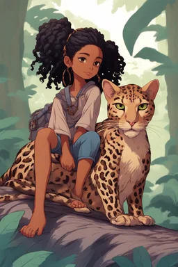 Eleven-year-old mulatto sorcerer, with wavy black hair tied in a braid, hazel eyes, riding on the back of a giant furry leopard cat