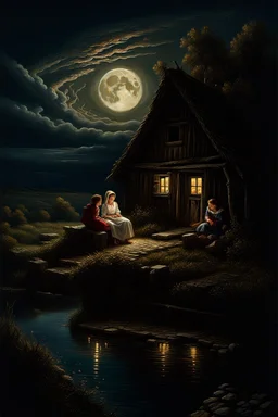 A medieval village, a river, a young boy and a young girl sitting outside a small farmhouse looking at the sky, in awe of God’s creation and God’s mighty power, Full moon, beautiful celestial sky, Milky Way, hyper-detailed art by Ivan Kramskoi. Modifiers: elegant intricate oil on canvas beautiful high detail award winning fantastic view crisp quality hdr Evolution steps: (See in details)