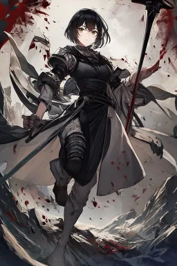 Anime girl with short black hair and sharp green eyes, holding a pike, full body black and white metal plate armour, full body shot, Dramatic lighting,1woman, soaked in blood, Warrior, standing pose, sword at the waist, close shot