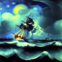 Dibujo al oleo de un Viejo Galeón Pirata navegando en la tormenta, Rayos y truenos, con nubes estilo Vincent van Gogh 8k