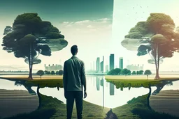 man standing in a split picture, open countryside, with trees on one side and a pristine futuristic city on the other side