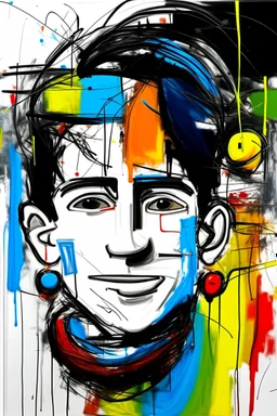 in abstract art Basquiat, Picasso, colorful acrylic colors representing, with expressive character--ar 16:9 --no text letter font. –c 40, Buffet and Picasso style, white background