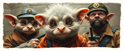 airbrush and pen outline, french art , extreme close up on cheeky fluffy weasel hairy goblin military prison guard troupe news anchor elf family scumbag , pinhole cam, airbrush 3d rendering, in the style of Titian and Rembrandt , torn edges on border