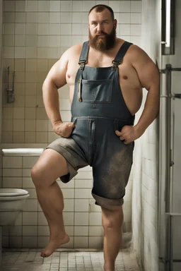 full figure photo, burly big chubby russian plumber, dirty, ripped overalls, 38 years old, crossed arms, shaved, short beard, manly chest, virile, arms, ugly, big thighs, under the flushing shower, sunlight , photorealistic, 35mm lens, ultra detailed