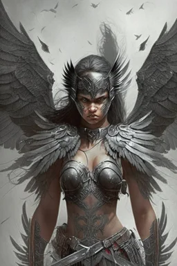 fierce female warrior angel with black wings