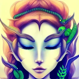 sourceress girl, beautiful, cute, intricate plants in the hair, blue bird fly, serpent skin, misterious smile, like an elf, tiled, sun ray, high definition, cinematic, rendering