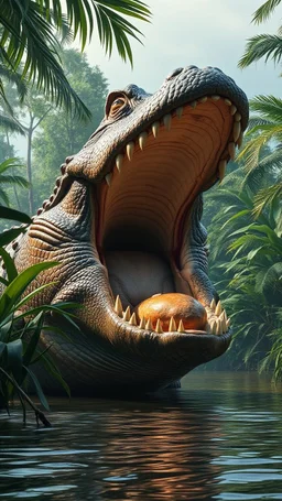 A giant gonna in the Amazon jungle swallowing a crocodile her mouth ,