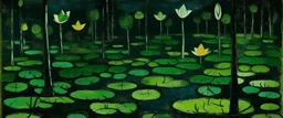 A green lily pad swamp at night painted by Paul Klee