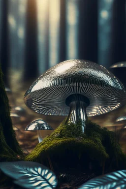 chrome mushroom in prehistorical forest, 4 k, trending art, depth of field, high detail, high contrast