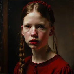 Actress Mia Goth, there are freckles on her cheeks, she has no eyebrows, she has pouty lips, red cheeks and nose, braids, red dress, in the style of egon Schiele painting