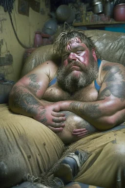 close up photography, 35mm lens, a giant chubby burly arab construction worker relaxing down on an old little sofa, wet, sweat, 62 years old, ugly and dirty, strong, manly chest,tattoo, dirty boxer, long beard, open legs, big thighs, big feets, long curly hairs, big shoulders, bullneck, emotive eyes, dim lights, misery and poverty, inside a dirty warehouse, ground frontal view, view from the ground