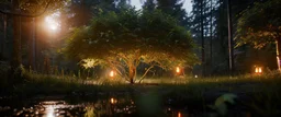 library in forest with fireflies and orange mystic lights around trees that have wide leaves and broad trunked. Night with moon light.