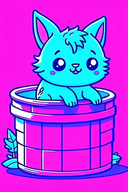 violet blue minecraft cute adorable axolotl in a bucket, cartoon lineart style, strong bold lines, pixelated, blocky, minecraft day background