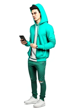 Modern guy, 20s, "holding ipad in left hand", looks like a "renaissance painting look", walking forward, full body, "persian green hoodie", blue pants, "right hand pointing down". "Front facing" "forward view" white background