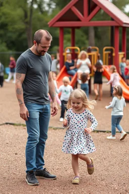 a small skinny 40 year old dad in the playground with his young 3 year old daughter with blonde hair playing on the playground but the dad is checking out all the other kids curvy mums . there are many kids playing on the playground