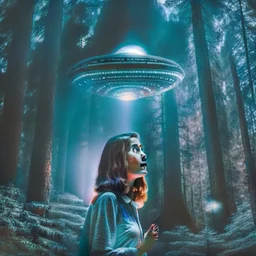 photo of a young woman in a dark forest looking at a UFO in the sky, martin scorsese style