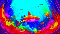 Comic style, underwater, coral reef, shark