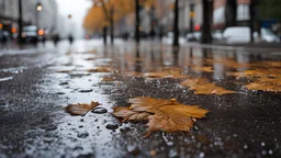 autumn, rain, slush, puddles, raindrops, water stains, city streets, sidewalks, realism, high detail, macro photography, correct line, cinematic, close-up, mj, wet, (sharp shot)