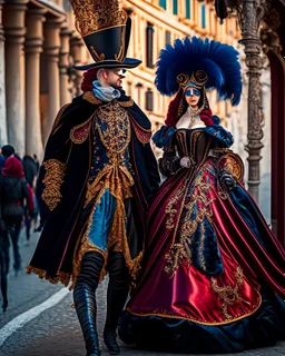 Pareja hombre y mujer con disfraz en el carnaval de Venezia caminando por Venezia mascara vestido hasta el suelo pantalones gráfica 2d detallada 4k