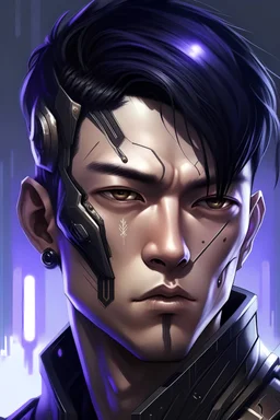 man with bronze skin, purple eyes, black hair with cyberpunk undercut manga style