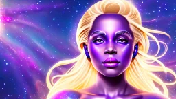 Full body portrait of a peaceful smiling gorgeous blonde Goddess of the galaxies with a blue indigo purple skin, high skul, luminous eyes in a galactic sunset