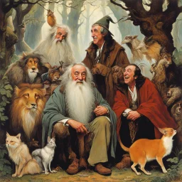 [art by Norman Rockwell: three Middle-earth Istaris are Jonathan Pryce, Sylvester McCoy and Jean Rochefort] Radagast, with his unkempt hair and a menagerie of animals, shared a hearty chuckle with Saruman, the wise and cunning Istari. And there, in the midst of it all, stood Gandalf, a twinkle in his eyes as he joined in the mirth.Their laughter echoed through the night, a rare moment of camaraderie amidst the chaos of their journeys.