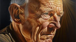 A hyper-realistic oil painting of a person's face, capturing every pore and wrinkle with precision and depth. The scene depicts the subject in a moment of contemplation, with a hint of sadness in their eyes. The suffix adds a surreal touch, with a halo of golden light surrounding the figure