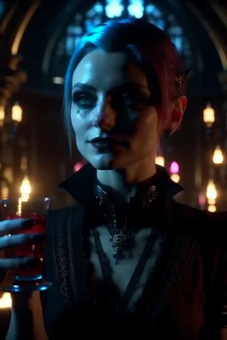 4k full details full lights femme vampire, sang coule le long des canines, style victorien cyberpunk, tient un verre de vin en main avec du sang