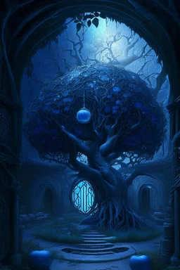 A frightening blue Persian sci-fi garden dungeon with a silver apple tree at its center