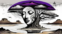 painted and drawing inner world with uncontrolled mind and soul, in midle a big head statue stands on little floating island over deep Sahara, around surreal cracked painted weird land with some black doors. deep dark purple, gray, black, white, brown. Whimsical style of Chagall , of Minjae Lee and René Magritte, lonely face with absurd beauty. broken, weird bizarre absurd nightmare, labirynth, dark vision, neuron network background, surreal vibe
