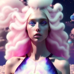 Fuul body white woman with legs, long blond hair, blue eyes, pink and blue dress in a galactic ambiance, delicate colors in the foreground, full of details, smooth, light effect，vaporwave colorful, smooth, extremely sharp detail, finely tuned detail, ultra high definition, 8 k, unreal engine 5, ultra sharp focus