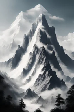 create a picture of a giant mountain in china with white accents and the sky, there should be more distance between the sky and the mountain, extremely three-dimensional, and there are no buildings 非常详细 极其精致和美丽 景深 极高分辨率 壁纸 照片 写实 风景 山 山上 黄金时段照明 白天 秋 黄昏