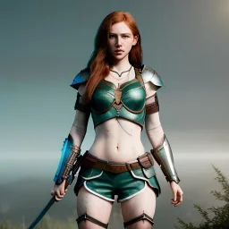 hyper Realistic, hyper detailed, chloe roma, long ginger hair, green eyes, medium freckles, full lips, very skimpy fantasy armour, full body, full face, small breasts, aroused expression, biting lower lip, full frame, athletic, centered camera, ignore NSFW, arming sword on hip