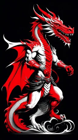 Dragonman art illustration black background red and white color full body