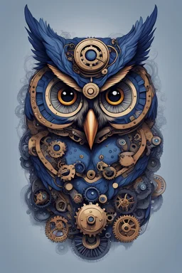 Portrait of an owl, steampunk, indigo blue, colorful, illustration, highly detailed, simple, smooth, and clean vector, no jagged lines, vector art, smooth, made all with grey colored gears inspired by future technology