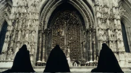 black robed monks standing before a massive cathedral