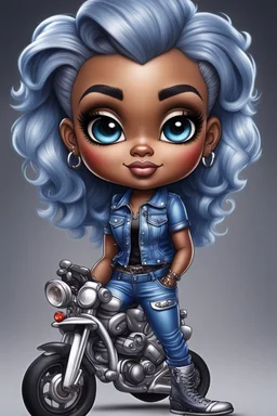 create an airbrush illustration of a chibi cartoon voluptuous black female wearing a blue jean outfit with biker boots. Prominent make up with hazel eyes. Extremely highly detail of a very low platinum blonde pixie haircut. Background of a bike show.