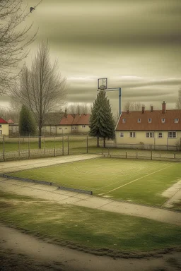 Basketball field in small danish town near viking structure in ps2 resolution