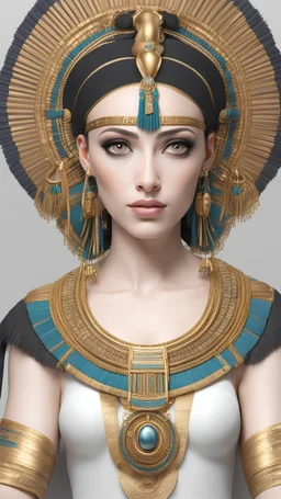 a Highly detailed photorealistic portrait of Cleopatra, standing in full sized, 3d T-Pose character, a plain white background